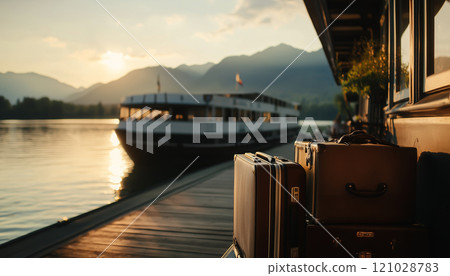 Travel Suitcases at River Station with Passenger Boat and Mountain Landscape 121028783