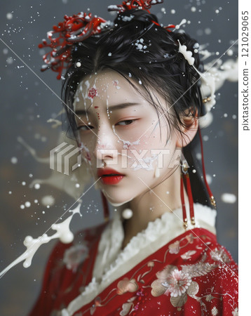 The beautiful woman's face was stained with white sticky goo 121029065