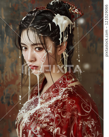 The beautiful woman's face was stained with white sticky goo The beautiful woman's face was stained with white sticky goo 121029066