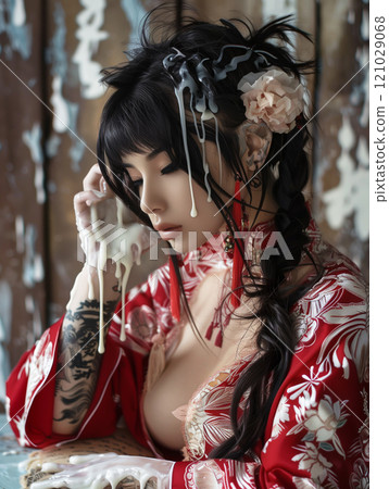 The beautiful woman's face was stained with white sticky goo 121029068