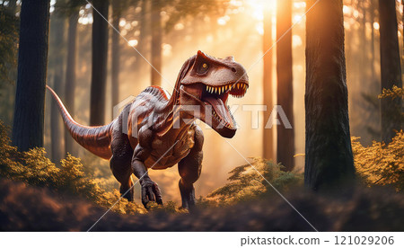 A large dinosaur is walking through a forest 121029206
