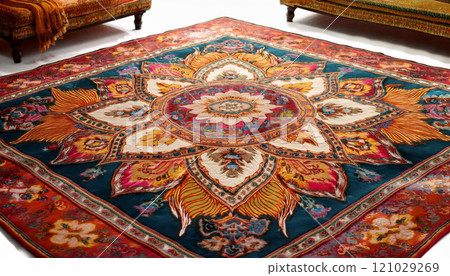 A colorful rug with a flower pattern is on the floor 121029269