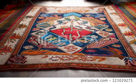 A colorful rug with a blue diamond in the center 121029271