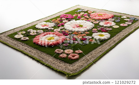 A green and white floral rug with a floral design 121029272