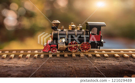 A small toy train is sitting on a wooden platform 121029489