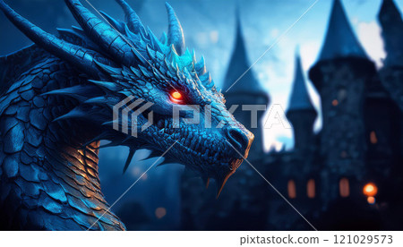 A blue dragon with red eyes stands in front of a castle A blue dragon with red eyes stands in front of a castle 121029573