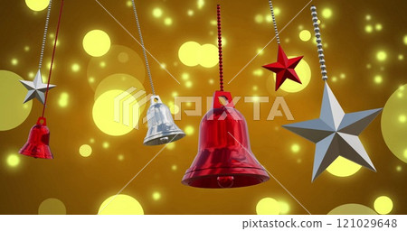 Image of christmas baubles over light spots on orange background 121029648