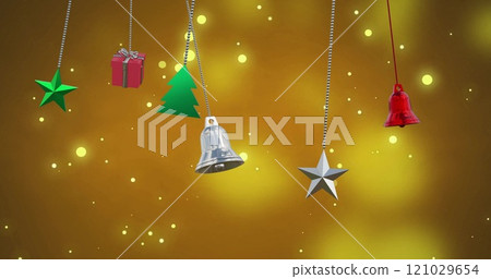 Image of christmas baubles over light spots on orange background 121029654