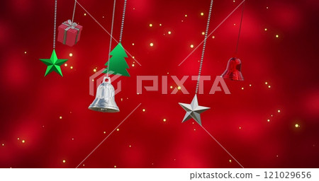 Image of christmas baubles over light spots on red background Image of christmas baubles over light spots on red background 121029656