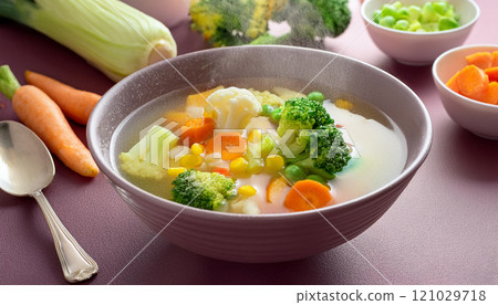 A bowl of vegetable soup with carrots, broccoli, and peas A bowl of vegetable soup with carrots, broccoli, and peas 121029718