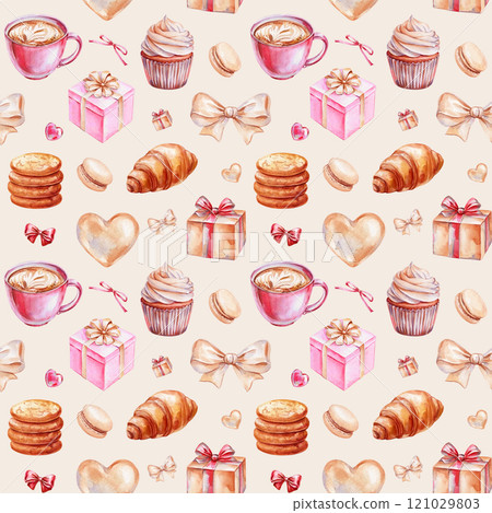 seamless pattern with sweets gifts, cupcakes, cookies, coffee, holiday treats. Watercolor illustration love celebrations seamless pattern with sweets gifts, cupcakes, cookies, coffee, holiday treats. Watercolor illustration love celebrations 121029803