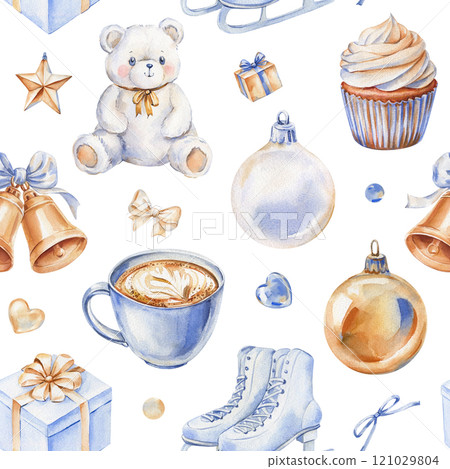 Seamless holiday pattern white bear, bells, bow, skates, coffee cup, cupcake. Christmas ornaments hand-drawn watercolor Seamless holiday pattern white bear, bells, bow, skates, coffee cup, cupcake. Christmas ornaments hand-drawn watercolor 121029804