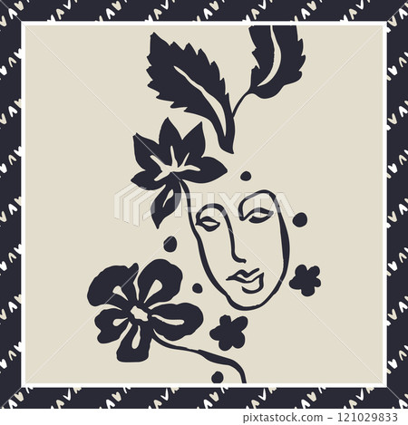 Monochrome black and white brush strokes inky flowers and female faces scarf or bandana design Monochrome black and white brush strokes inky flowers and female faces scarf or bandana design 121029833
