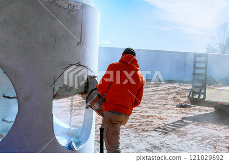 Construction worker in an orange hoodie operates chainsaw on concrete cylinder at build works area 121029892