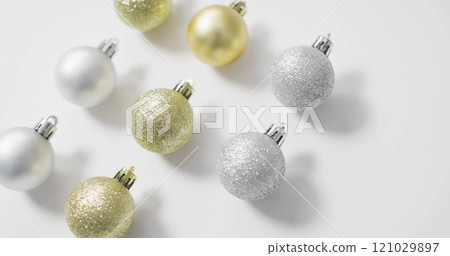 Image of christmas baubles on white background 121029897