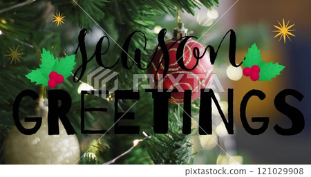Image of season greetings text over christmas decorations background 121029908