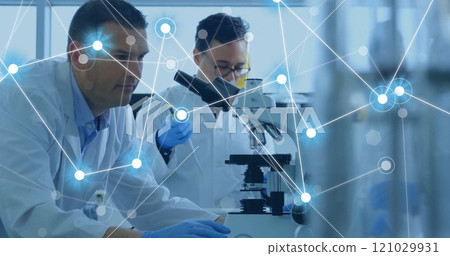 Image of network of connections over diverse male scientists working in lab 121029931