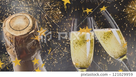 Image of gold stars falling over two toasting glasses of champagne with bottle and fireworks 121029959