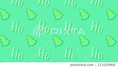 Image of rows of christmas pattern and text moving on green background 121029968