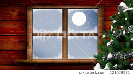 Image of christmas winter scenery with decorated houses Image of christmas winter scenery with decorated houses 121029981