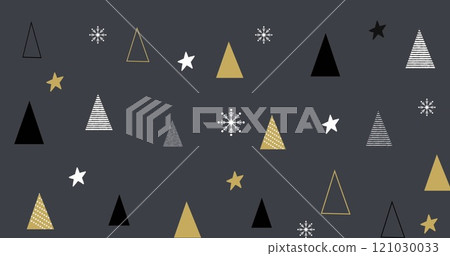 A digitally generated image of christmas decorations, including christmas trees and stars, on a grey 121030033
