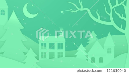 Image of snow falling over houses and trees on winter landscape with copy space 121030040
