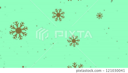 Image of snowflakes icons and red particles falling against green background with copy space 121030041
