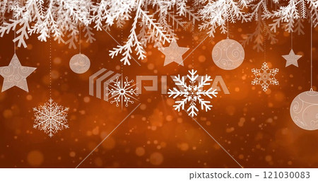 Image of christmas snowflakes falling and spots of light on brown background 121030083