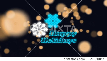 Image of happy holidays text and snowflakes with spots of light on black background 121030094