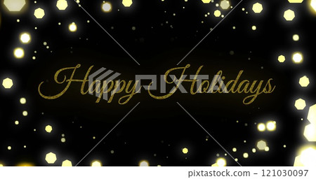 Image of lens flares around happy holiday text over black background 121030097