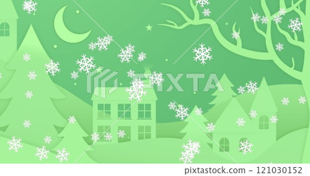 A digitally generated image of multiple glowing snowflakes falling against a black background 121030152