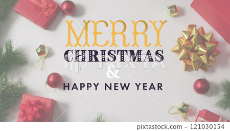 Image of merry christmas and happy new year text over christmas decorations and gifts on table 121030154