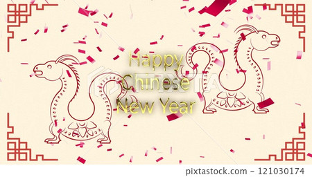 Image of happy chinese new year text over dragons and chinese pattern on yellow background 121030174