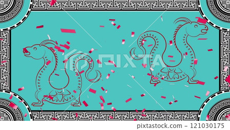 Traditional Chinese dragon illustrations with red confetti on turquoise background 121030175