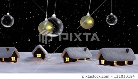 Image of snow falling over christmas baubles and winter scenery with houses background Image of snow falling over christmas baubles and winter scenery with houses background 121030184