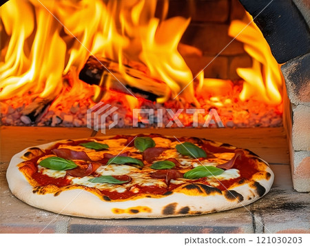 Delicious pizza cooking in a wood-fired oven with flames and fresh basil leaves 121030203