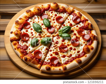 Delicious pepperoni pizza served on a wooden cutting board with fresh basil leaves 121030211