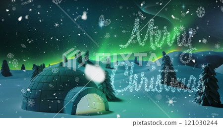 Image of merry christmas and snowflakes falling against shooting star over igloo on winter landscape Image of merry christmas and snowflakes falling against shooting star over igloo on winter landscape 121030244