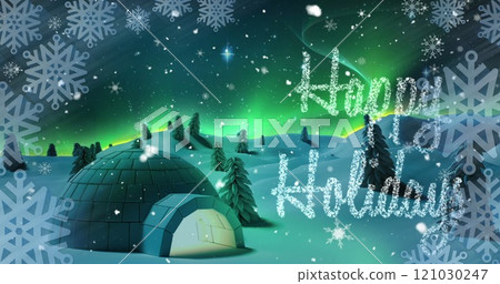 Image of happy holidays text over igloo and winter scenery 121030247
