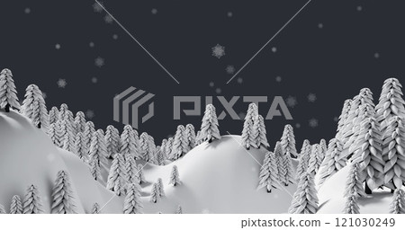 Image of snowflakes falling over multiple trees on winter landscape against grey background 121030249