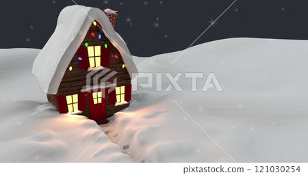 Image of snowflakes falling over a house on winter landscape against grey background 121030254