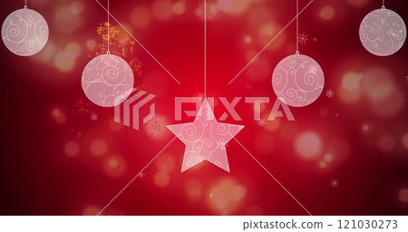 Image of glowing stars forming christmas tree over baubles on red background Image of glowing stars forming christmas tree over baubles on red background 121030273