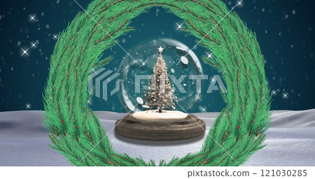 Image of fir tree wreath over snow globe and winter landscape Image of fir tree wreath over snow globe and winter landscape 121030285