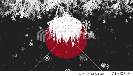 Image of fir tree and bauble over snow falling on black background 121030299
