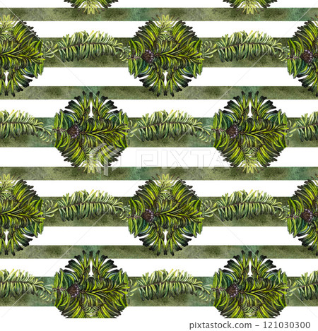 Green fir branches in a seamless pattern on a white background. Watercolor illustration with branches of evergreen tree for wrapping, textile, scrapbooking, winter Christmas and New Year decoration 121030300