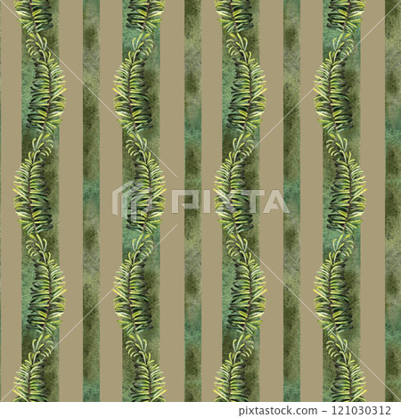 Green fir branches in a seamless pattern on a brown background. Watercolor illustration with branches of evergreen tree for wrapping, textile, scrapbooking, winter Christmas and New Year decoration Green fir branches in a seamless pattern on a brown background. Watercolor illustration with branches of evergreen tree for wrapping, textile, scrapbooking, winter Christmas and New Year decoration 121030312