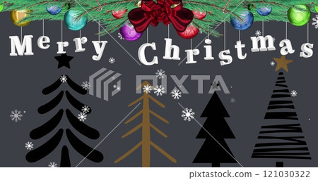 Image of fir tree with merry christmas text over snow falling and trees on black background 121030322