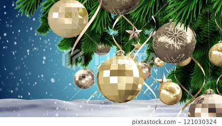 Image of hanging decorations on christmas tree against snow falling over winter landscape Image of hanging decorations on christmas tree against snow falling over winter landscape 121030324