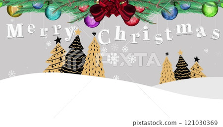 Image of fir tree with merry christmas text over snow falling and trees on white background Image of fir tree with merry christmas text over snow falling and trees on white background 121030369