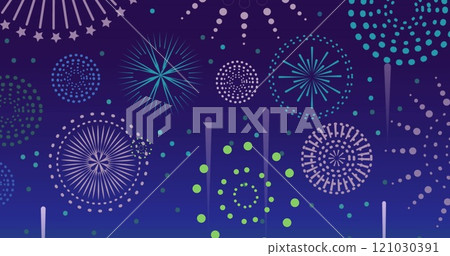 Image of fireworks and shapes over blue background 121030391